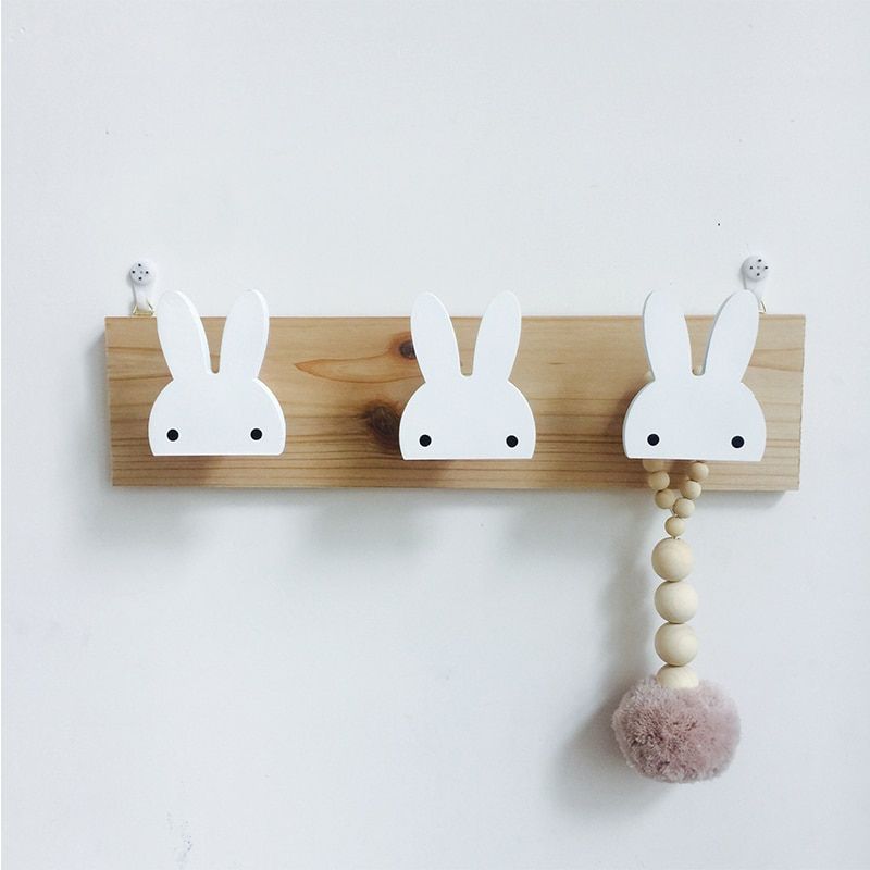 Porte manteau mural enfant en bois lapin blanc 3 pateres crochet