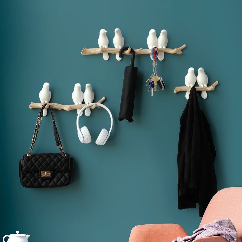 Porte manteaux blanc mural oiseaux 3 crochets solide